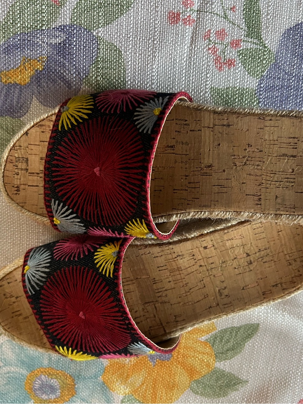 Jack Rogers navy  Embroidered Floral Espadrille Slides with Red & Yellow Accents